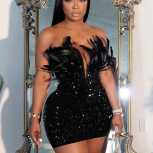 Znaiml Luxury Birthday Women’s Feathers Sequin Strapless Deep V-neck Black Bodycon Mini Dresses Sexy Club Party Night Prom Robe
