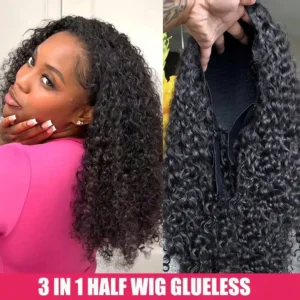 Jerry Curly Half Wig Human Hair Seamless Kinky Curly 3 In 1 Half Wig Glueless Heandband Clip In Wig No Sew In Black Color