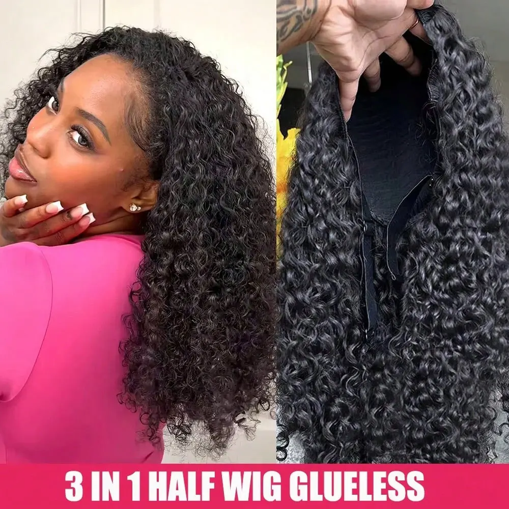Jerry Curly Half Wig Human Hair Seamless Kinky Curly 3 In 1 Half Wig Glueless Heandband Clip In Wig No Sew In Black Color