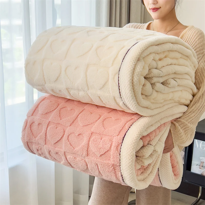Heart Pattern Coral Fleece Blanket Autumn Winter Cozy Thicken Warm Plush Blanket for Bed Fluffy Super Soft Sofa Throw Blankets