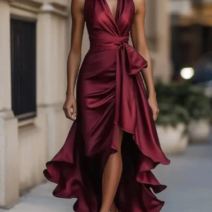 Summer Women's Tank Top Dress High Waist Irregular Elegant V-neck Ruffled Slit Evening Fashion Female's Long Dress