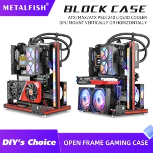 METALFISH BlockCase Aluminum Open Frame Case Support ATX/M-ATX Mainboard GPU Mount Horizontally 240 Water Cooler Gaming Cabinet