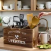 Large 3-Compartment Wood Utensil Organizer, Wall/Countertop Mount for Kitchen Tools.