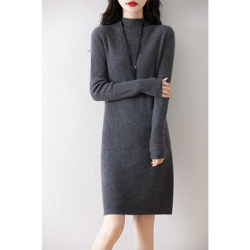 New 100% Merino Wool Knitted Women's Dress Hot Selling in Winter Autumn and Winter Women's Dress Slimming Long Women's Dress