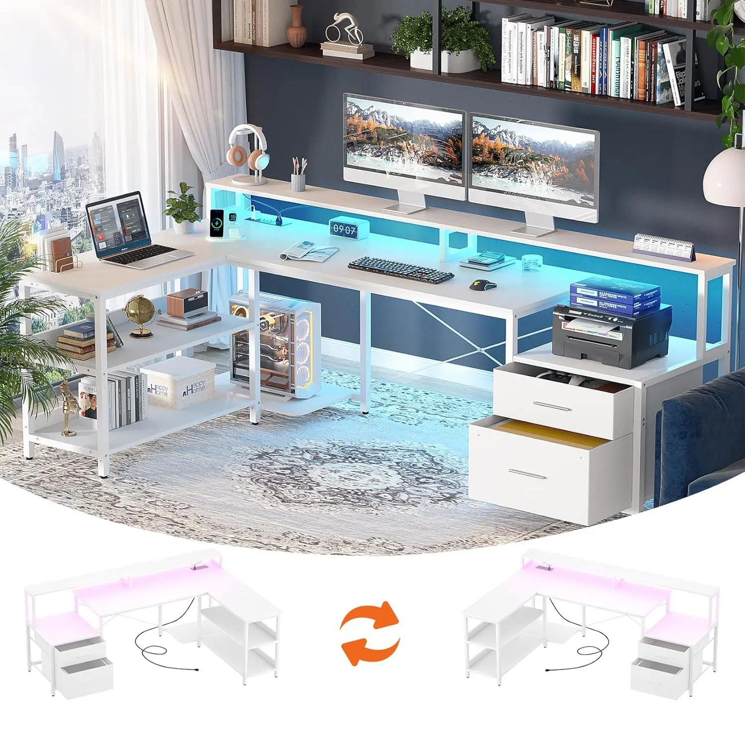 L Shaped Desk with Power Outlet, Reversible L Shaped Computer Desk with File Drawer & Monitor Stand, Gaming Desks with LED Strip