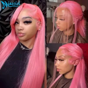 38 Inch Pink Straight Human Hair Wigs 13X6 Hd Lace Frontal Wig 100% Human Hair 220 Density Pre Plucked Brazilian Wigs For Women