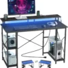 47' Gaming Desk with LED Lights & Power Outlets, Computer Desk with Monitor Stand & 2-Tier Storage Sheves, Study Work for