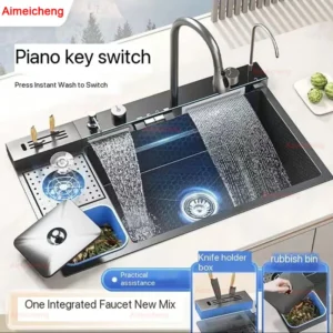 Stainless Steel Sink Waterfall with Trash Can Cup Wash Kitchen Apartment Countertop Wash Basin Large Single Sink