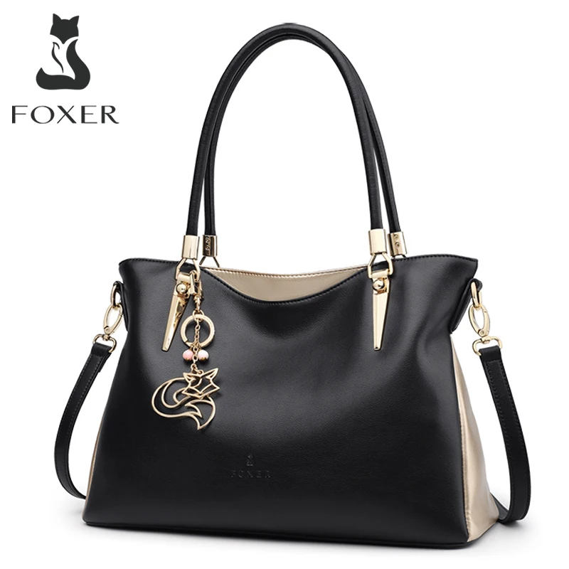 FOXER Elegant Women Shoulder Tote Bag Cowhide Fashion Luxury Design Female Handbag Purse Festival Gift for Wife,Mom