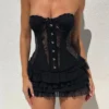 Women Strapless Corset Dress Summer Sheer Layered Ruffle Mini Dress for Cocktail Party Beach Streetwear