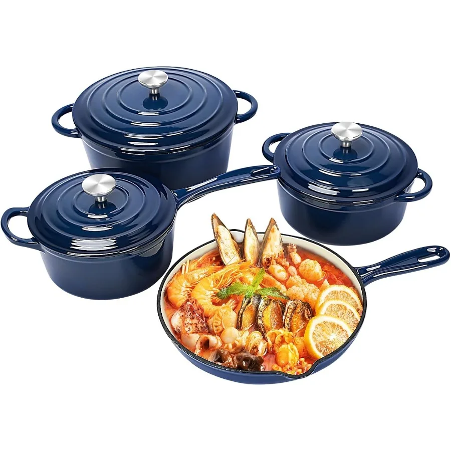Nonstick Enameled Cast Iron Cookware Set Frying Pan Skillet 7Pcs Pots and Pans with Lid Healthy Round Dutch Oven Pot for Sourdo