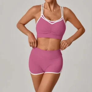Women's Yoga Set Sports Fitness Color-Block Cross Beauty Back Bra Hip-Lifting Shorts Suits Training Running Workout Gym Sets
