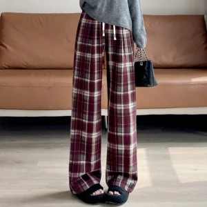 European plaid casual pants for women's autumn new high-end fashion plus size narrow version wide leg straight leg pants