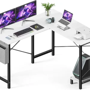 L-Shaped Computer Desk 50 Inch Gaming Corner White Writing Study Table with CPU Stand and Side Bag