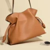 Luxury Caramel Color Leather Crossbody Bag Cloud Pleated Bag Large Capacity Design Drawstring Bag Stylish Commuter Bag For Women