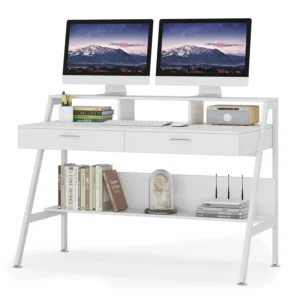Computer Desk with Storage Shelf & Drawers, Modern 47 inch Office Writing Desk Study Table with Monitor Stand Riser, Customized