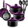 11-Piece Purple Nonstick Cookware Set - Induction Compatible Stackable Pots & Pans for Kitchen
