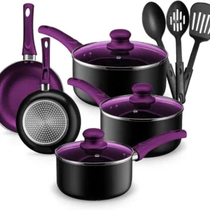 11-Piece Purple Nonstick Cookware Set - Induction Compatible Stackable Pots & Pans for Kitchen