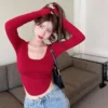Sexy Slimming Inner Wear Long Sleeve T-shirt Women's Spring Cropped Round Neck Tops Pure Desire Irregular Shape