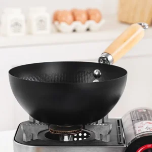 Carbon Steel Mini Wok 20cm Classic Kitchen Cooking Pot Non-Induction/Wooden Handle Flat Base Pan Includes 1 x Chinese Wok Pan