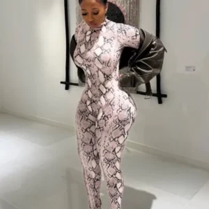 Weird Puss Sexy Snake Print Foot Jumpsuit Women Zip Spring Trend O-Neck Full Sleeve Stretch Street Clubwear Workout Overalls