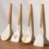 Wooden handle, white non-stick pan, silicone spatula, high-temperature resistant pan spatula, soup spoon, kitchenware set