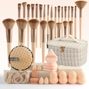 44 piece beige small fragrance style large capacity makeup brush set, handheld toiletry storage bag, portable for going out