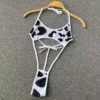 Women' Halter Neck Sleeveless Playsuit Sexy Cute Cow Black And White Contrast Bodysuit Hollow Lace Up Backless Erotic Lingerie