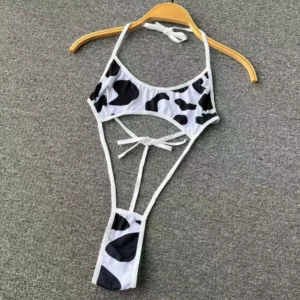 Women' Halter Neck Sleeveless Playsuit Sexy Cute Cow Black And White Contrast Bodysuit Hollow Lace Up Backless Erotic Lingerie