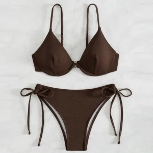 Sexy Gathered Backless Bikini Women's Pure Color Strap Steel Support Separable Swimwear Trendy 2024 New Model Hot Sale