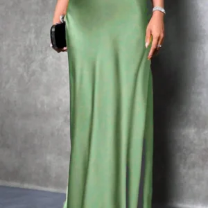 Elegant silk-like satin A-line midi skirt with high waist and mermaid tail for women in spring and summer