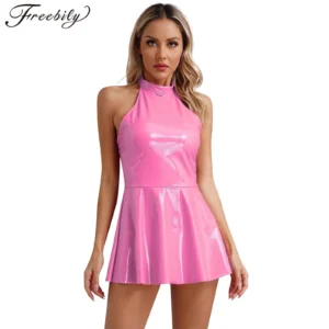 Women Wetlook Patent Leather Dress Sleeveless Sexy Halter Minidress Nightclub Party Pole Dancing Performance Dancewear Clubwear