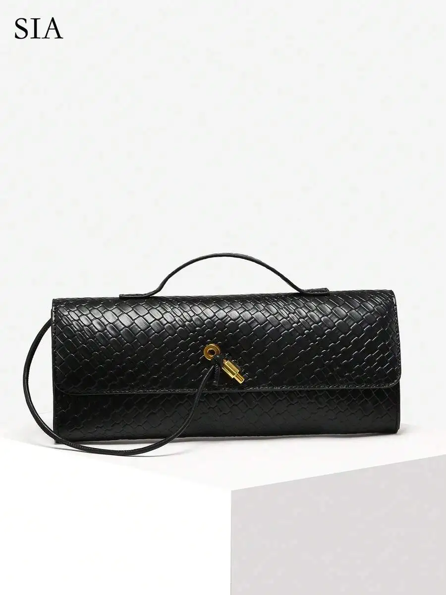 Black Woven Texture Flap Clutch with Top Handle and Adjustable Strap