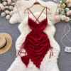Women Sexy Red Ruched Mini Dress Sleeveless Backless Spaghetti Strap Dress Drawstring Bodycon Party Club Dress with Thong