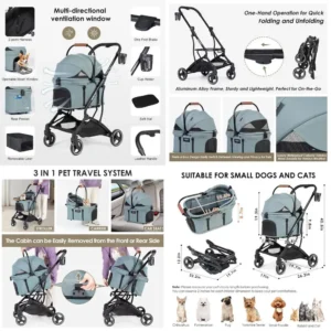 Green 3-in-1 Pet Stroller for Dogs & Cats with Detachable Carrier, 4 Wheels, Pad, Canopy, and Cup Holder