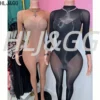 HLJ&GG Sexy Mesh See Through Bodycon Jumpsuits And Bodysuits Suits Women Long Sleeve Stretchy Playsuits Party Night Club Overall