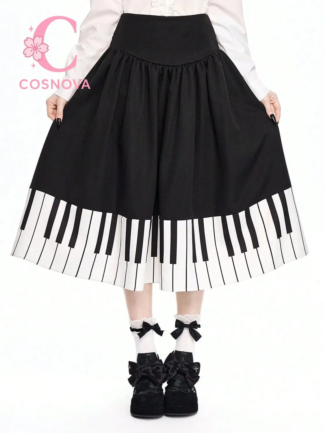 American Retro Sweet Spicy Black White Piano Pleated Skirt High Waist Slim Fit A Line Midi Skirt Vintage Design Skirt for Women
