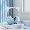 QearFun Gradient Pink Cat ear Headphones with Mic for Kawaii Girls Kids Phone MP3 HiFi Stereo Music Glowing Wireless Earphones