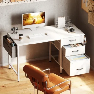 40/48 Inch Home Office Desk with 3 Fabric Drawers & Filing Cabinet Small Computer Writing Desk with Storage Bag Hooks Modern