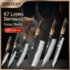 XINZUO 1-6-Piece Damascus Knife Set 67-Layer Steel White Oak Red G10 Handles Paring Utility Cleaver Santoku Bread Knife