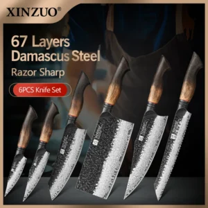 XINZUO 1-6-Piece Damascus Knife Set 67-Layer Steel White Oak Red G10 Handles Paring Utility Cleaver Santoku Bread Knife