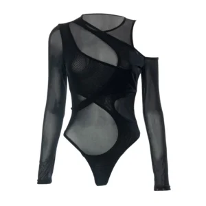 New In 2025 Women Spring Summer Long Sleeve Mesh See Through Sexy Bodysuit Ladies Club  Black One Pieces Top Body Suits