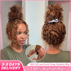 Highlight 360 Full Lace Wig Curly Human Hair Pre Plucked Deep Wave Glueless Invisible Strap Lace Frontal Wig Honey Blonde Color