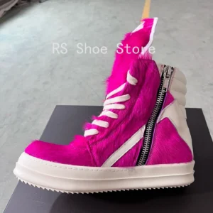 Ro Luxury Men Ankle Boot Rose Pink Horsehair Boots Women Sneaker Horse Hair High Top Shoe  Casual Shoes Zipper Sneakers