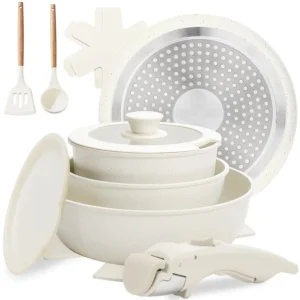 10 pcs Pots and Pan Set Non Stick with Detachable Handle, Ceramic Cookware Set for Stackable, Induction Kitchen Cookware Set for