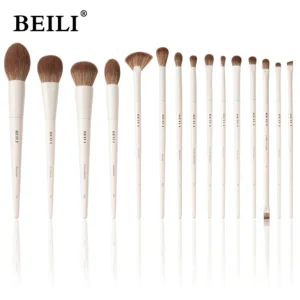 BEILI 15 Pcs Beige Premium Synthetic Makeup Brush Sets Foundation Concealer Eyeshadow Eyeliner Blush Blending Highlight Brush