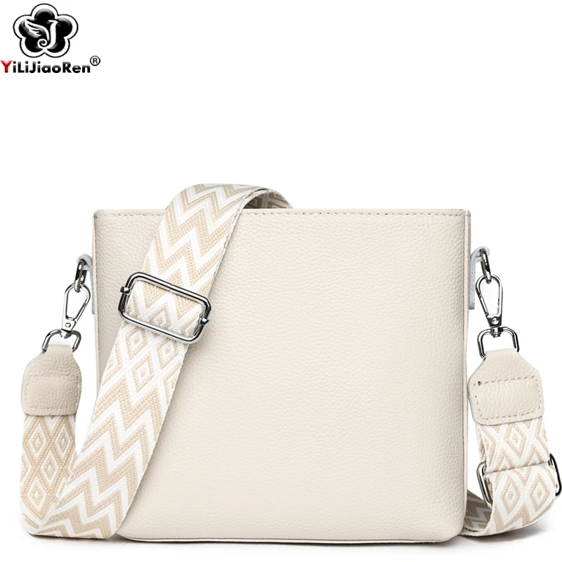 100% Genuine Leather Crossbody Bag Women Fashion Wide Strap Shoulder Bag Ladies Cowhide Messenger Bag Small Handbag and Purse