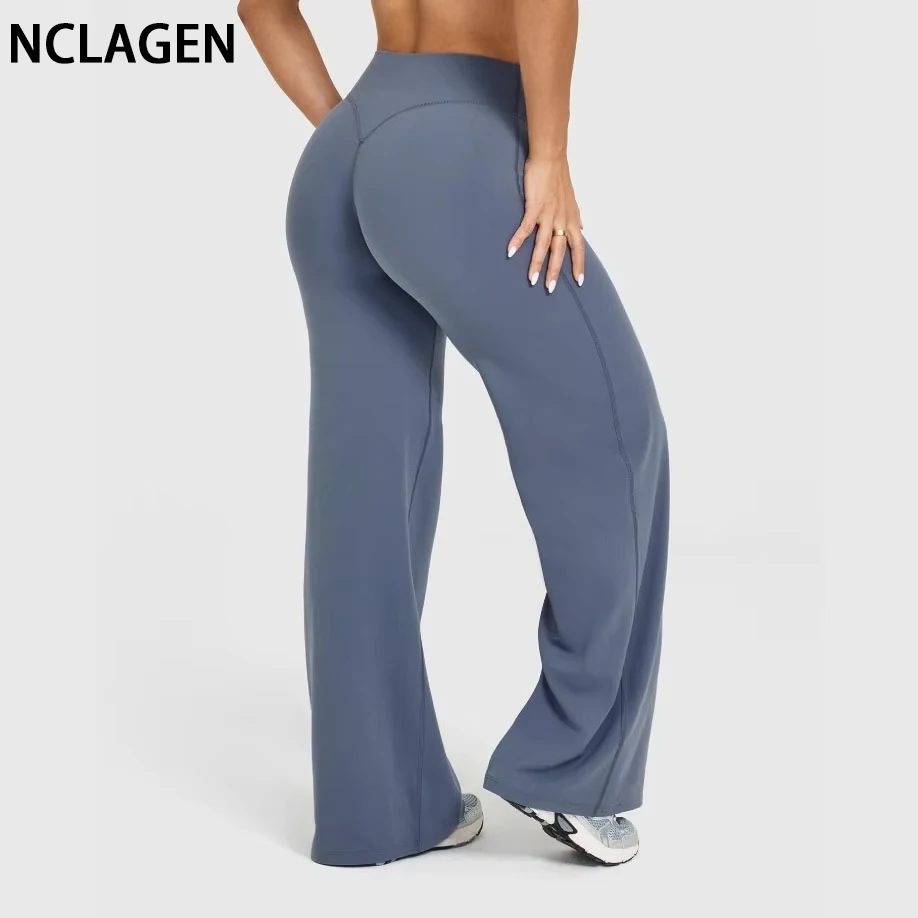 NCLAGEN SoftMotion Straight Leg Bottoms Women's Mid-Waist Yoga Pants GYM Leggings Naked Feel Pilates Running Sports Trousers