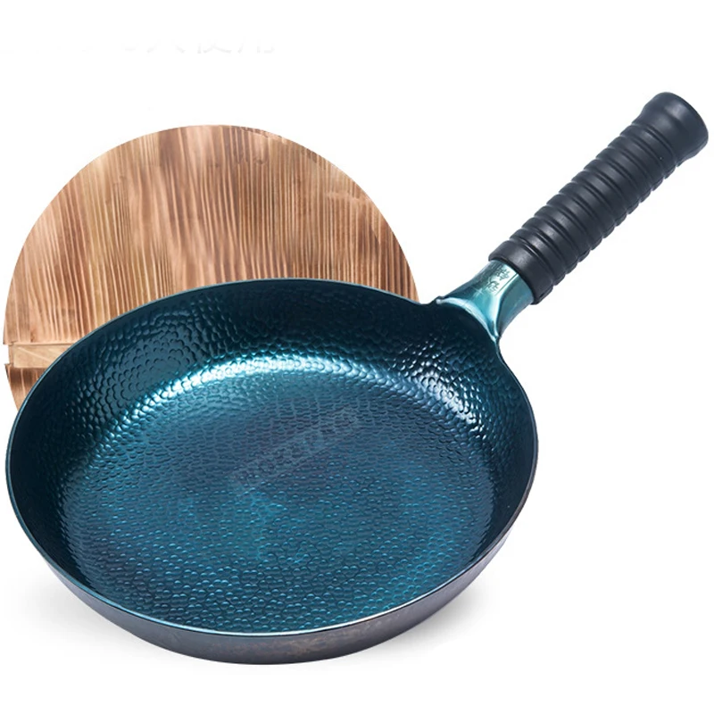 Hand hammered Iron Frying Pan,Induction Compatible,Chinese Traditional Pre-seasoned Blue Cooking Wok Kitchen Cookwar 26/28/30cm