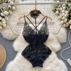 Sexy Lace Strap Jumpsuit Slim Fit Transparent Women's Pajamas Halter Playsuit Erotic Lingerie Catsuit Backless Hollowed Bodysuit